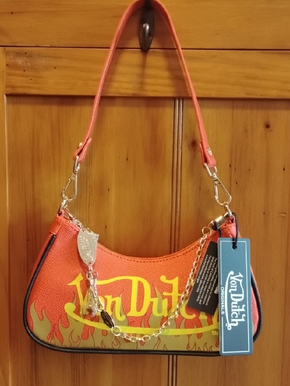 NWT 🔥Von Dutch Orange Shoulder Bag with Flame Graphic and Gold Chain